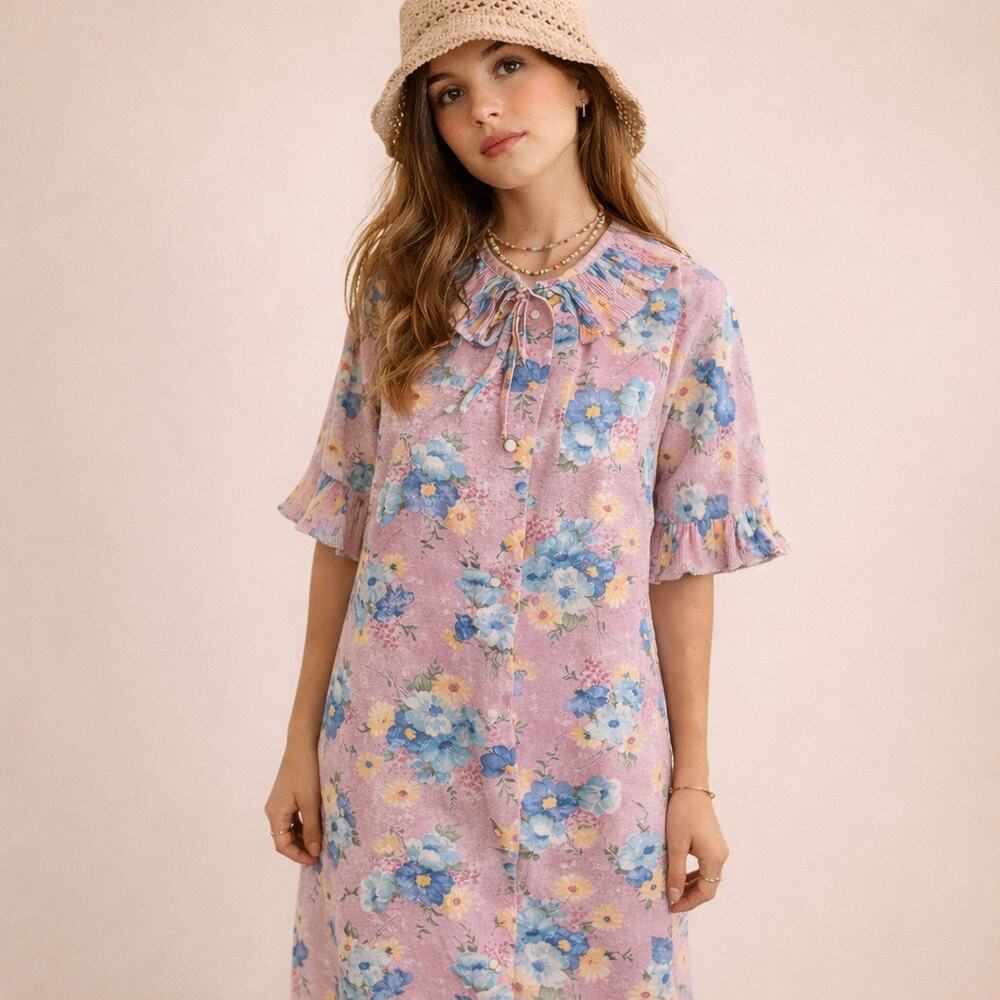 Vintage 80s Leisure Life Muumuu Floral Pleated Collar Ruffle House Dress S/M